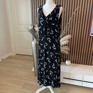 J. Jill Floral Print Maxi Dress Ruffle Trim Sleeveless Black L Petite‎